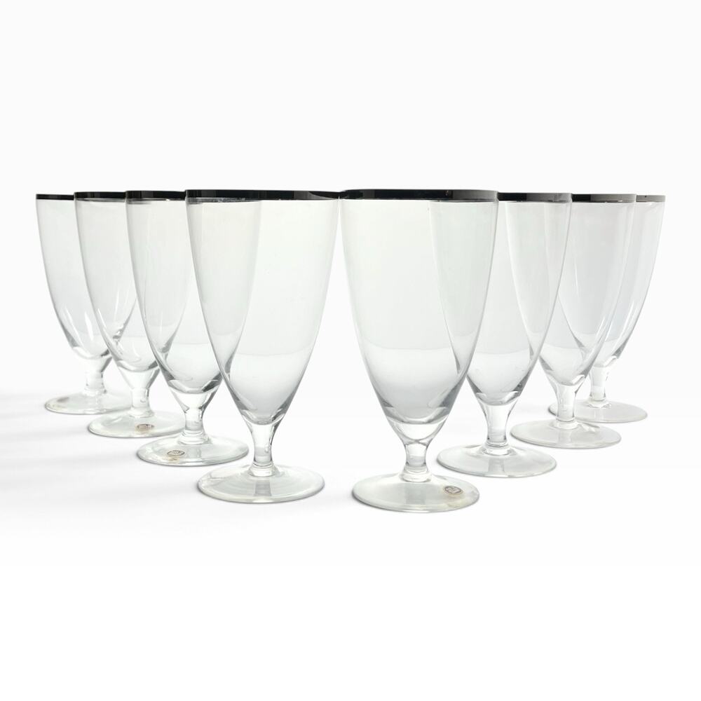 1960s Mid-century Vintage Minimalist 8 Silver Rim Iced Tea Glasses 6 1/2” 14oz